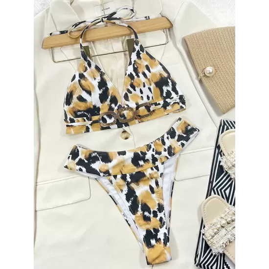 Bandage Hollow Leopard Padded Deep V-Neck Bikini Swimsuit Bandage Hollow Leopard Padded Deep V-Neck Bikini Swimsuit