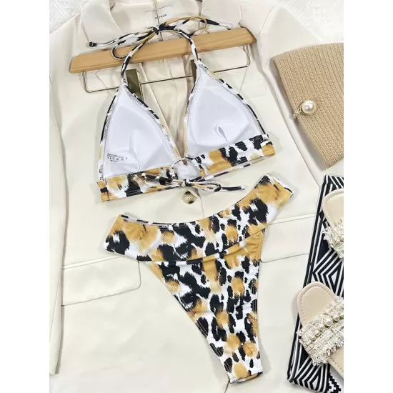 Bandage Hollow Leopard Padded Deep V-Neck Bikini Swimsuit Bandage Hollow Leopard Padded Deep V-Neck Bikini Swimsuit