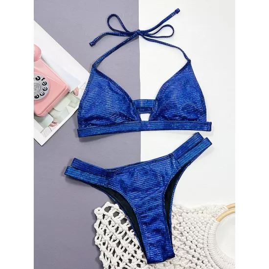 Bandage Belly-Hollow Sequined Solid Color Padded Halter-Neck Bikini Swimsuit Bandage Belly-Hollow Sequined Solid Color Padded Halter-Neck Bikini Swimsuit