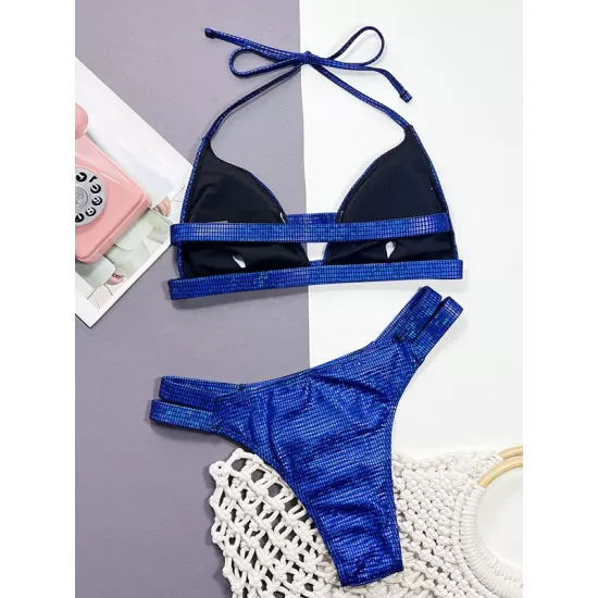 Bandage Belly-Hollow Sequined Solid Color Padded Halter-Neck Bikini Swimsuit Bandage Belly-Hollow Sequined Solid Color Padded Halter-Neck Bikini Swimsuit