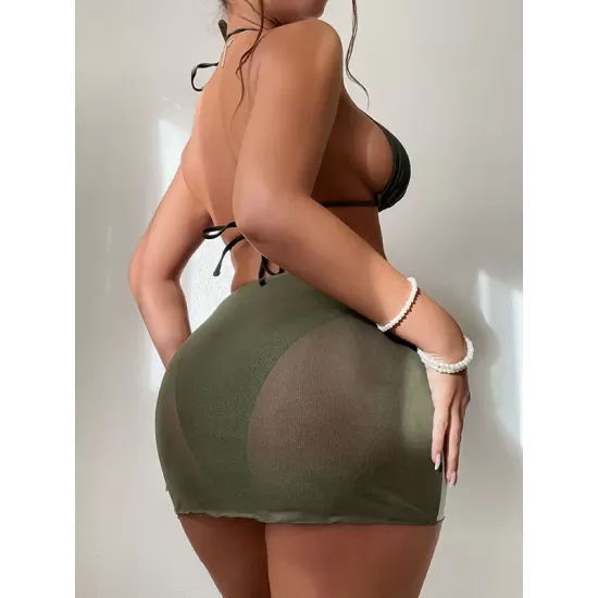 Three-piece Suit Padded Bandage Color-Block Halter-Neck Bikini Swimsuit Three-piece Suit Padded Bandage Color-Block Halter-Neck Bikini Swimsuit