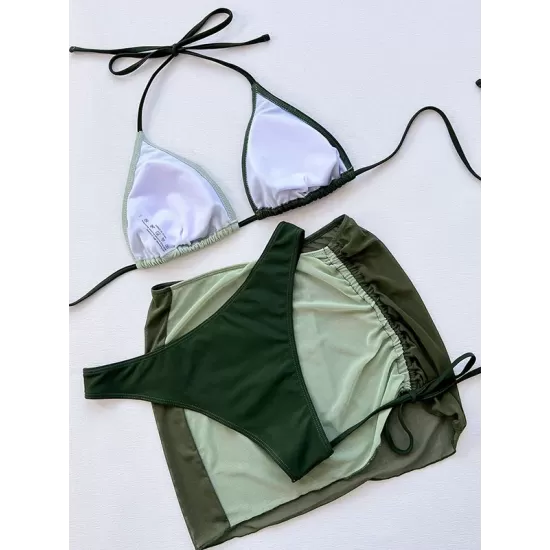 Three-piece Suit Padded Bandage Color-Block Halter-Neck Bikini Swimsuit Three-piece Suit Padded Bandage Color-Block Halter-Neck Bikini Swimsuit