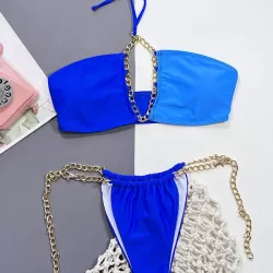 Belly-Hollow Color-Block Hollow Padded Halter-Neck Bikini Swimsuit