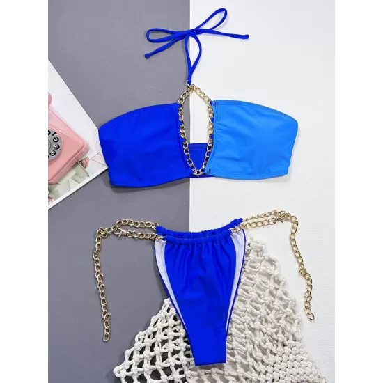 Belly-Hollow Color-Block Hollow Padded Halter-Neck Bikini Swimsuit Belly-Hollow Color-Block Hollow Padded Halter-Neck Bikini Swimsuit
