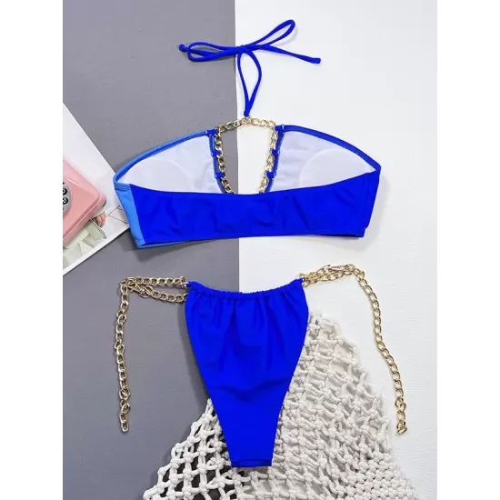 Belly-Hollow Color-Block Hollow Padded Halter-Neck Bikini Swimsuit Belly-Hollow Color-Block Hollow Padded Halter-Neck Bikini Swimsuit