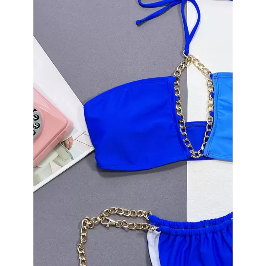Belly-Hollow Color-Block Hollow Padded Halter-Neck Bikini Swimsuit Belly-Hollow Color-Block Hollow Padded Halter-Neck Bikini Swimsuit