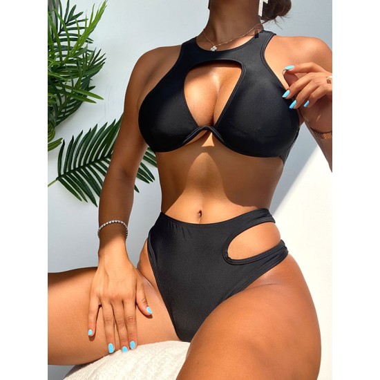 Padded Belly-Hollow Solid Color Round-Neck Bikini Swimsuit Padded Belly-Hollow Solid Color Round-Neck Bikini Swimsuit
