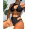 Padded Belly-Hollow Solid Color Round-Neck Bikini Swimsuit