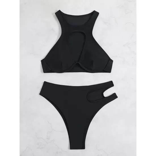 Padded Belly-Hollow Solid Color Round-Neck Bikini Swimsuit Padded Belly-Hollow Solid Color Round-Neck Bikini Swimsuit