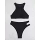Padded Belly-Hollow Solid Color Round-Neck Bikini Swimsuit Padded Belly-Hollow Solid Color Round-Neck Bikini Swimsuit