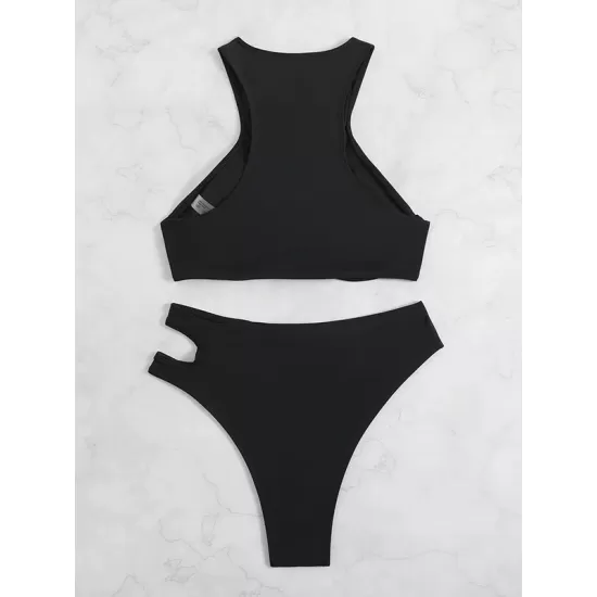 Padded Belly-Hollow Solid Color Round-Neck Bikini Swimsuit Padded Belly-Hollow Solid Color Round-Neck Bikini Swimsuit