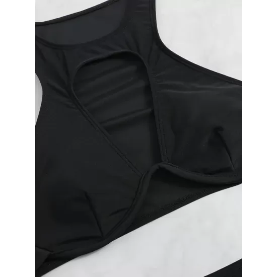 Padded Belly-Hollow Solid Color Round-Neck Bikini Swimsuit Padded Belly-Hollow Solid Color Round-Neck Bikini Swimsuit