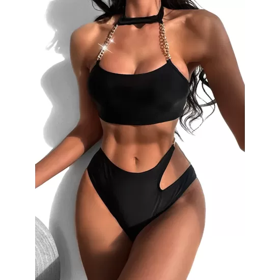 Bandage Belly-Hollow Solid Color Padded Halter-Neck Bikini Swimsuit Bandage Belly-Hollow Solid Color Padded Halter-Neck Bikini Swimsuit