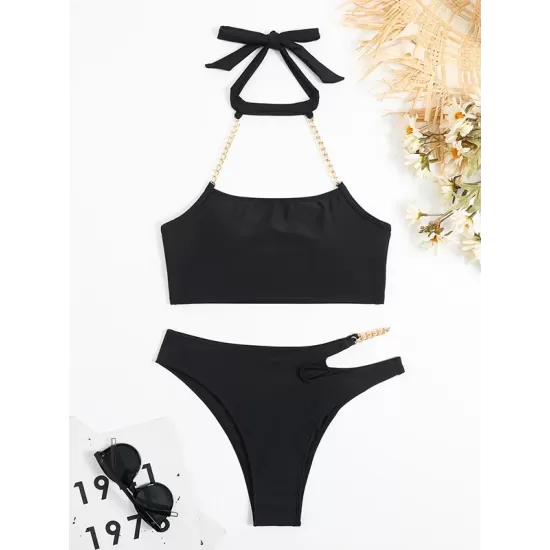 Bandage Belly-Hollow Solid Color Padded Halter-Neck Bikini Swimsuit Bandage Belly-Hollow Solid Color Padded Halter-Neck Bikini Swimsuit