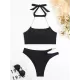 Bandage Belly-Hollow Solid Color Padded Halter-Neck Bikini Swimsuit Bandage Belly-Hollow Solid Color Padded Halter-Neck Bikini Swimsuit