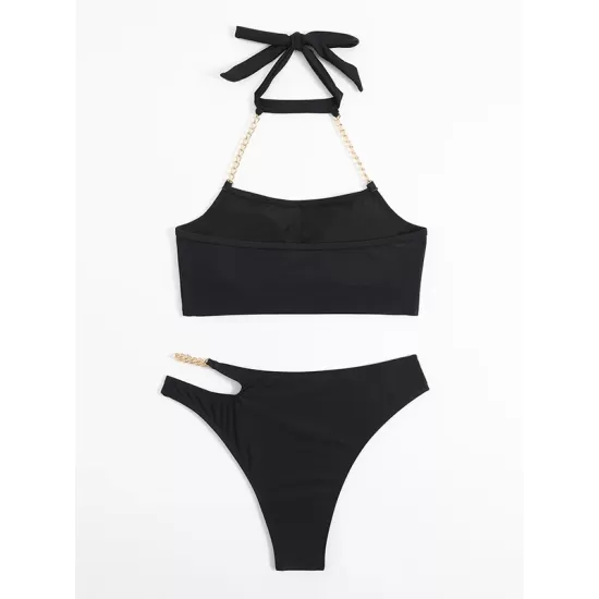 Bandage Belly-Hollow Solid Color Padded Halter-Neck Bikini Swimsuit Bandage Belly-Hollow Solid Color Padded Halter-Neck Bikini Swimsuit
