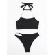 Bandage Belly-Hollow Solid Color Padded Halter-Neck Bikini Swimsuit Bandage Belly-Hollow Solid Color Padded Halter-Neck Bikini Swimsuit