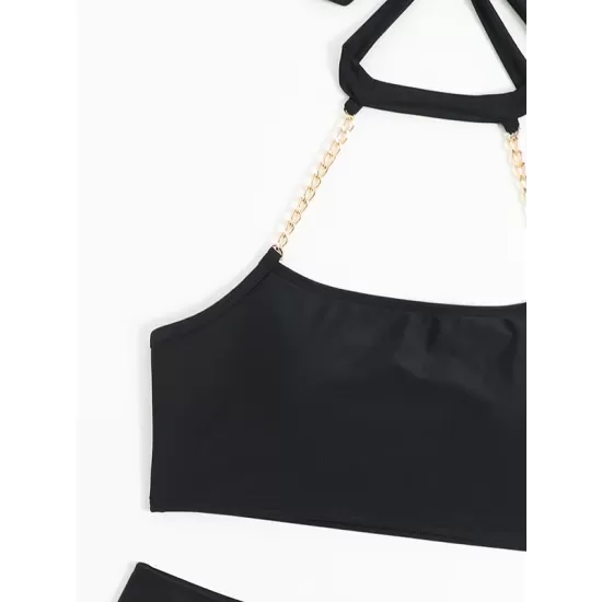 Bandage Belly-Hollow Solid Color Padded Halter-Neck Bikini Swimsuit Bandage Belly-Hollow Solid Color Padded Halter-Neck Bikini Swimsuit