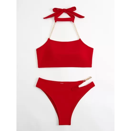 Bandage Belly-Hollow Solid Color Padded Halter-Neck Bikini Swimsuit Bandage Belly-Hollow Solid Color Padded Halter-Neck Bikini Swimsuit