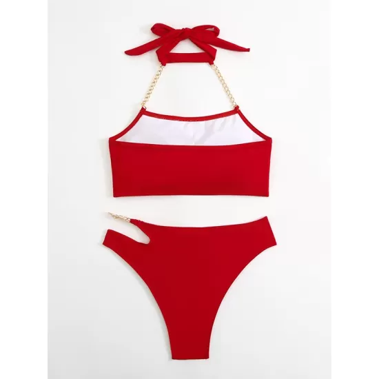 Bandage Belly-Hollow Solid Color Padded Halter-Neck Bikini Swimsuit Bandage Belly-Hollow Solid Color Padded Halter-Neck Bikini Swimsuit