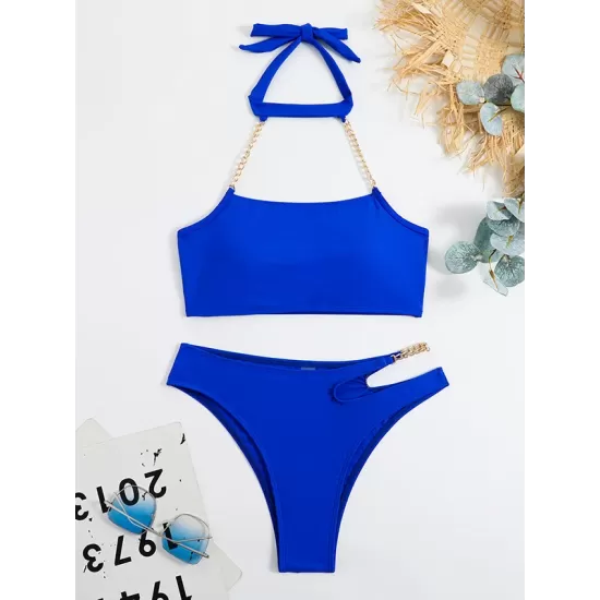 Bandage Belly-Hollow Solid Color Padded Halter-Neck Bikini Swimsuit Bandage Belly-Hollow Solid Color Padded Halter-Neck Bikini Swimsuit