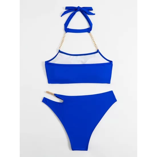 Bandage Belly-Hollow Solid Color Padded Halter-Neck Bikini Swimsuit Bandage Belly-Hollow Solid Color Padded Halter-Neck Bikini Swimsuit