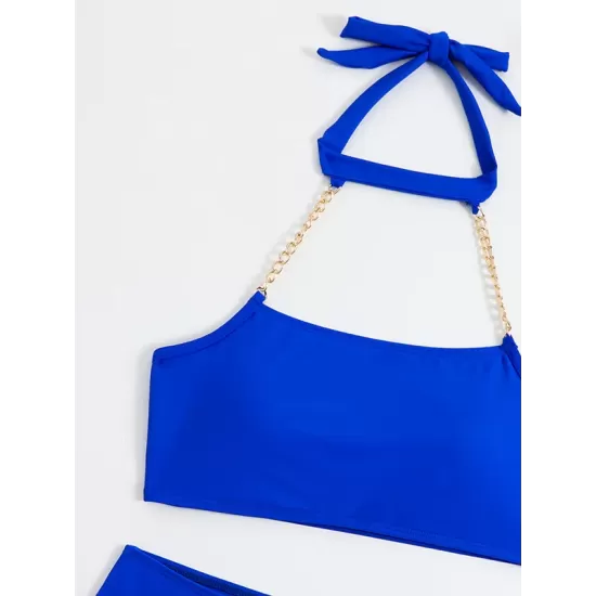 Bandage Belly-Hollow Solid Color Padded Halter-Neck Bikini Swimsuit Bandage Belly-Hollow Solid Color Padded Halter-Neck Bikini Swimsuit