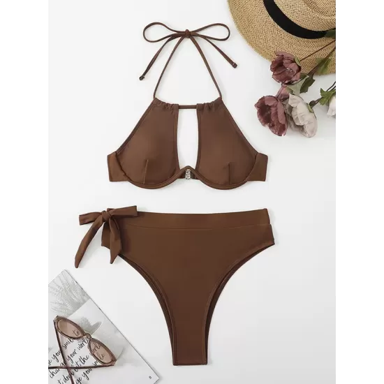 Backless Bandage Solid Color Padded Halter-Neck Bikini Swimsuit Backless Bandage Solid Color Padded Halter-Neck Bikini Swimsuit