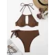 Backless Bandage Solid Color Padded Halter-Neck Bikini Swimsuit Backless Bandage Solid Color Padded Halter-Neck Bikini Swimsuit
