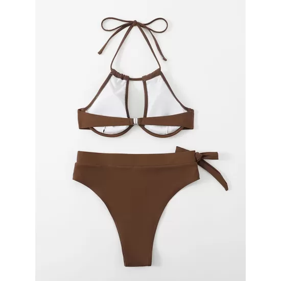 Backless Bandage Solid Color Padded Halter-Neck Bikini Swimsuit Backless Bandage Solid Color Padded Halter-Neck Bikini Swimsuit
