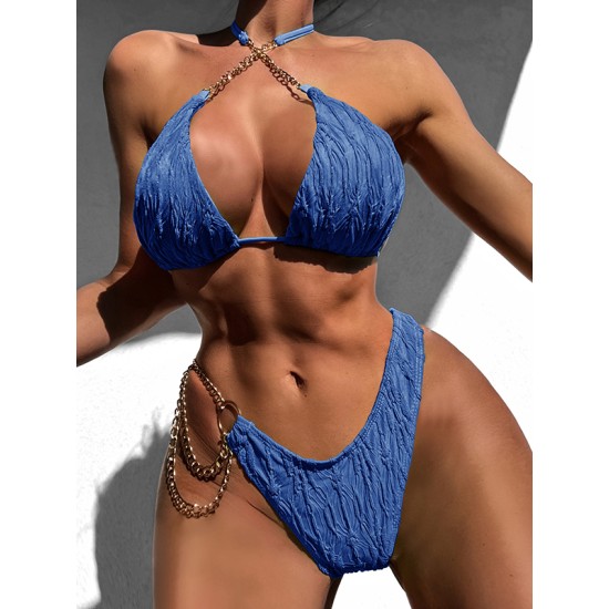 Bandage Belly-Hollow Jacquard Solid Color Padded Halter-Neck Bikini Swimsuit Bandage Belly-Hollow Jacquard Solid Color Padded Halter-Neck Bikini Swimsuit