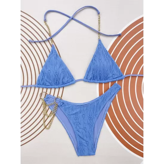 Bandage Belly-Hollow Jacquard Solid Color Padded Halter-Neck Bikini Swimsuit Bandage Belly-Hollow Jacquard Solid Color Padded Halter-Neck Bikini Swimsuit