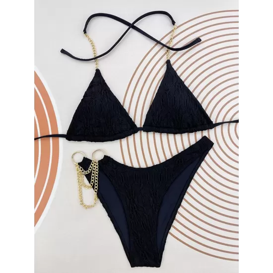 Bandage Belly-Hollow Jacquard Solid Color Padded Halter-Neck Bikini Swimsuit Bandage Belly-Hollow Jacquard Solid Color Padded Halter-Neck Bikini Swimsuit