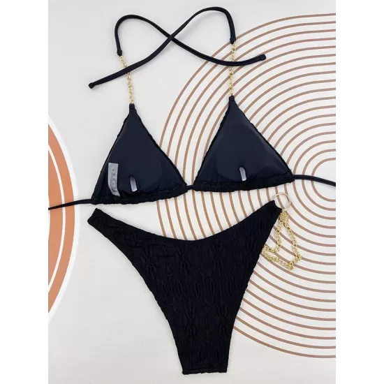 Bandage Belly-Hollow Jacquard Solid Color Padded Halter-Neck Bikini Swimsuit Bandage Belly-Hollow Jacquard Solid Color Padded Halter-Neck Bikini Swimsuit