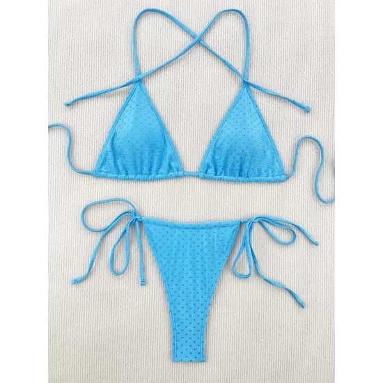 Backless Bandage Hollow Sequined Solid Color Padded Halter-Neck Bikini Swimsuit Backless Bandage Hollow Sequined Solid Color Padded Halter-Neck Bikini Swimsuit
