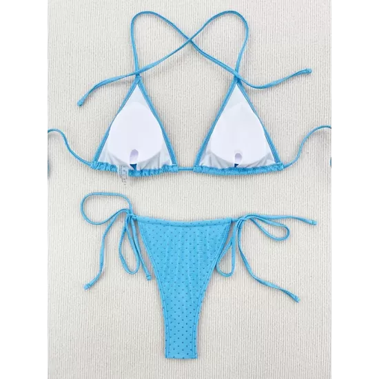 Backless Bandage Hollow Sequined Solid Color Padded Halter-Neck Bikini Swimsuit Backless Bandage Hollow Sequined Solid Color Padded Halter-Neck Bikini Swimsuit