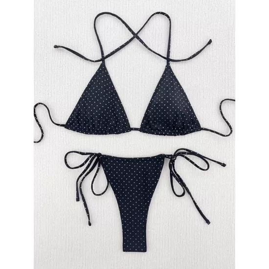 Backless Bandage Hollow Sequined Solid Color Padded Halter-Neck Bikini Swimsuit Backless Bandage Hollow Sequined Solid Color Padded Halter-Neck Bikini Swimsuit