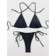 Backless Bandage Hollow Sequined Solid Color Padded Halter-Neck Bikini Swimsuit Backless Bandage Hollow Sequined Solid Color Padded Halter-Neck Bikini Swimsuit
