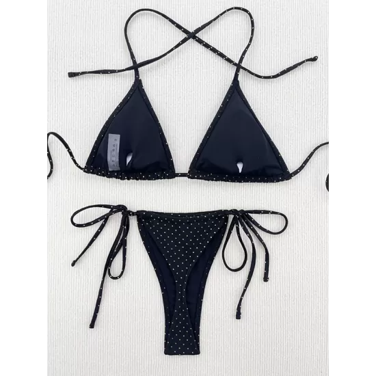 Backless Bandage Hollow Sequined Solid Color Padded Halter-Neck Bikini Swimsuit Backless Bandage Hollow Sequined Solid Color Padded Halter-Neck Bikini Swimsuit