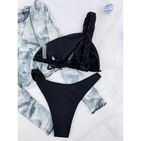 Backless Bandage Solid Color Woven Padded One-Shoulder Bikini Swimsuit Backless Bandage Solid Color Woven Padded One-Shoulder Bikini Swimsuit