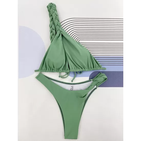 Backless Bandage Solid Color Woven Padded One-Shoulder Bikini Swimsuit Backless Bandage Solid Color Woven Padded One-Shoulder Bikini Swimsuit