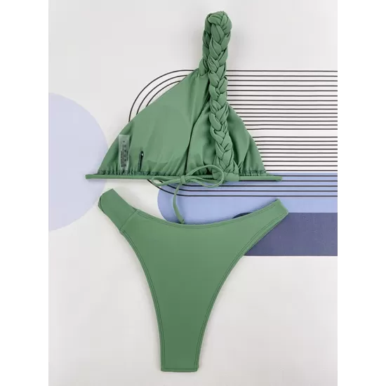 Backless Bandage Solid Color Woven Padded One-Shoulder Bikini Swimsuit Backless Bandage Solid Color Woven Padded One-Shoulder Bikini Swimsuit