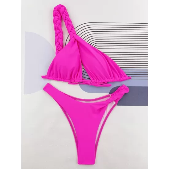 Backless Bandage Solid Color Woven Padded One-Shoulder Bikini Swimsuit Backless Bandage Solid Color Woven Padded One-Shoulder Bikini Swimsuit