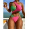 Bandage Belly-Hollow Color-Block Padded One-Shoulder Bikini Swimsuit