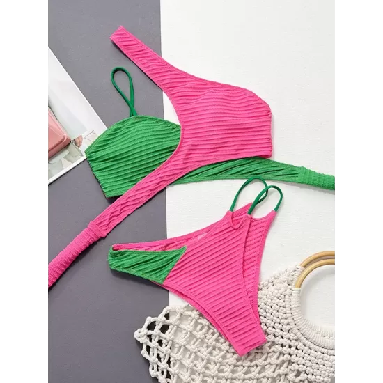Bandage Belly-Hollow Color-Block Padded One-Shoulder Bikini Swimsuit Bandage Belly-Hollow Color-Block Padded One-Shoulder Bikini Swimsuit