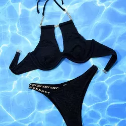 Bandage Belly-Hollow Buckle Solid Color Padded Halter-Neck Bikini Swimsuit