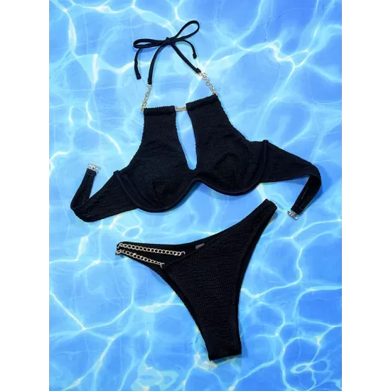 Bandage Belly-Hollow Buckle Solid Color Padded Halter-Neck Bikini Swimsuit Bandage Belly-Hollow Buckle Solid Color Padded Halter-Neck Bikini Swimsuit