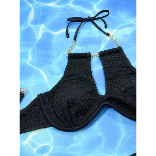 Bandage Belly-Hollow Buckle Solid Color Padded Halter-Neck Bikini Swimsuit Bandage Belly-Hollow Buckle Solid Color Padded Halter-Neck Bikini Swimsuit