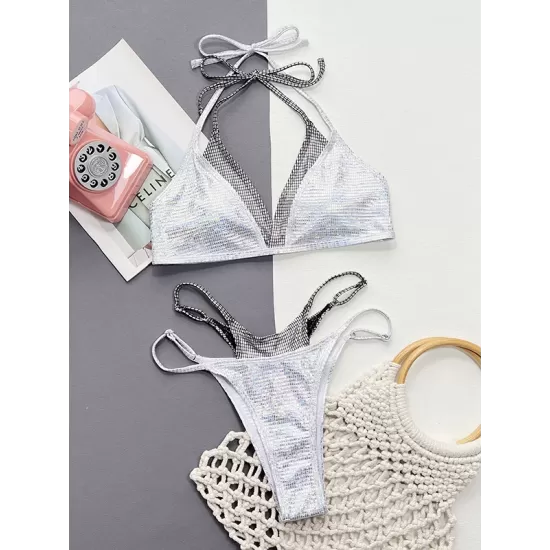 False Two Padded Backless Bandage Color-Block V-Neck Bikini Swimsuit False Two Padded Backless Bandage Color-Block V-Neck Bikini Swimsuit