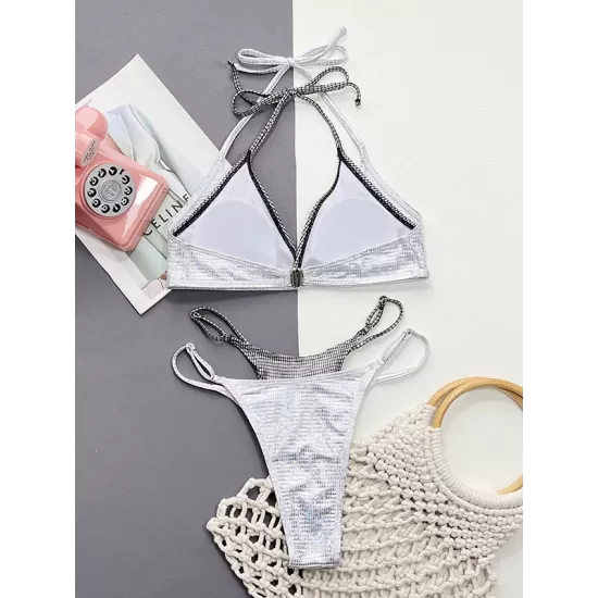 False Two Padded Backless Bandage Color-Block V-Neck Bikini Swimsuit False Two Padded Backless Bandage Color-Block V-Neck Bikini Swimsuit
